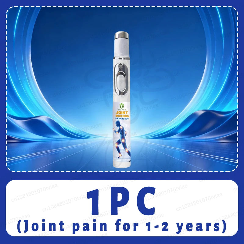White cylindrical joint soothing phototherapy pen with a silver top and control button for targeted pain relief.