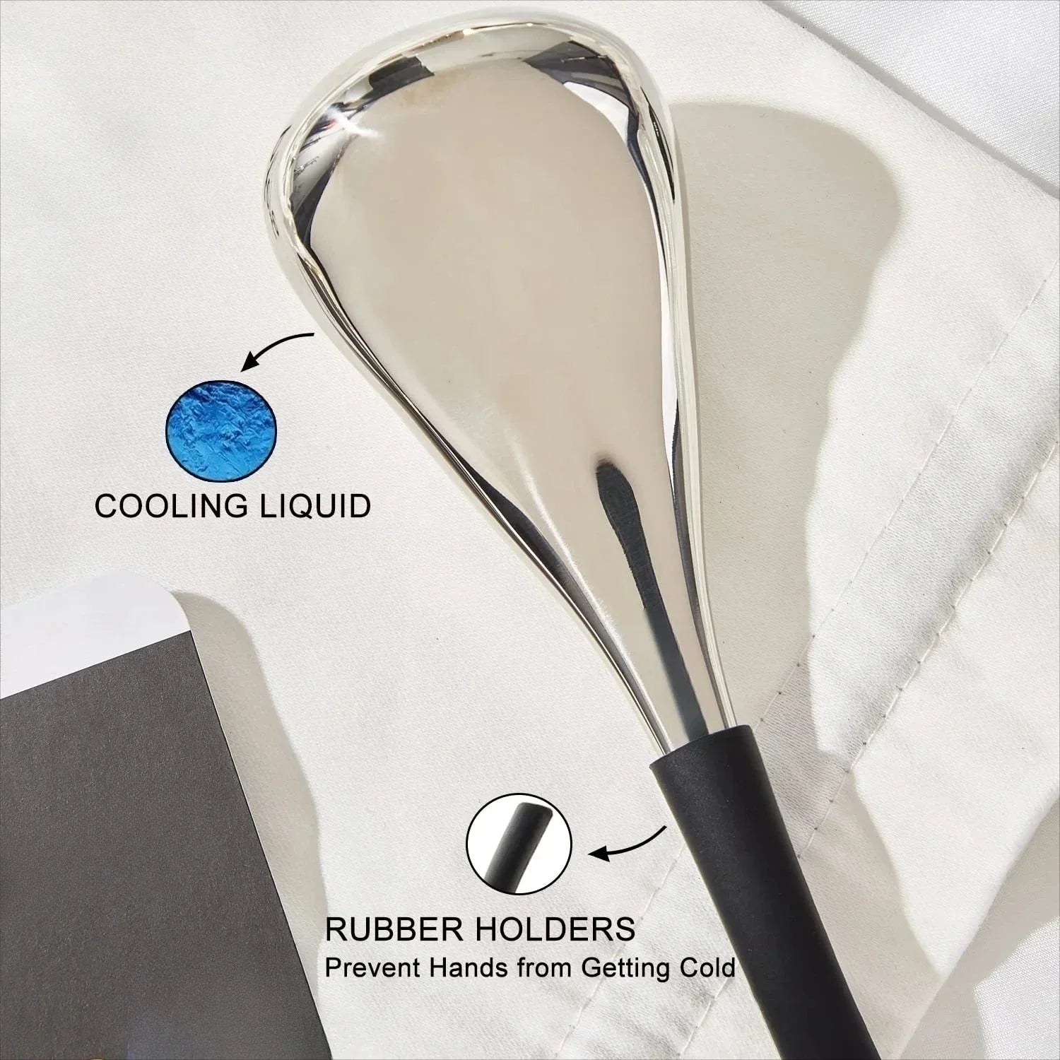 Silver, spoon-shaped facial cooling wand with a black rubber handle, shown with labels for internal cooling liquid.