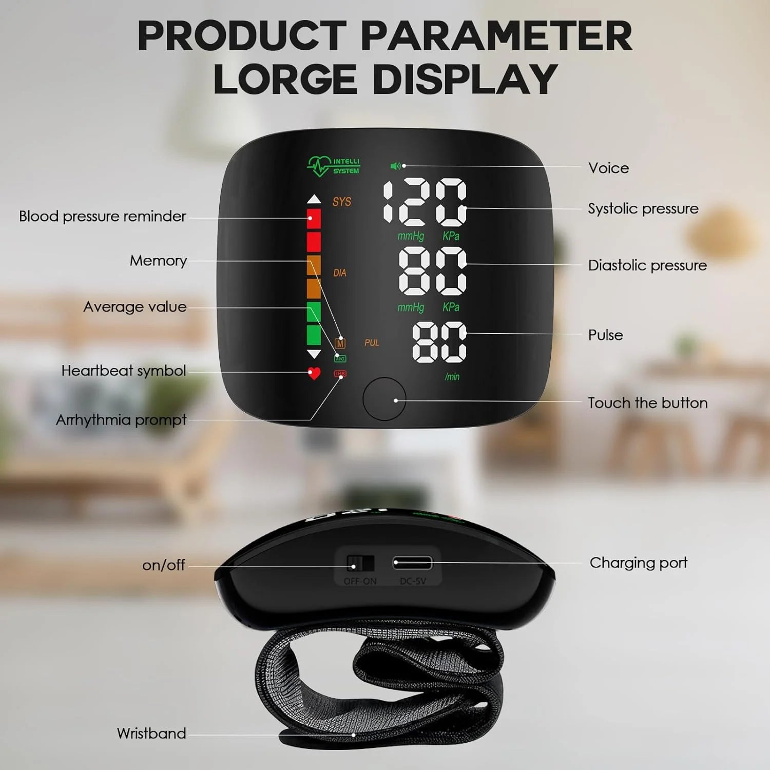 Rechargeable Wrist Blood Pressure Monitor Medical Digital Irregular Pulse Heart Rate Digital Tensiometer Health Tonometer