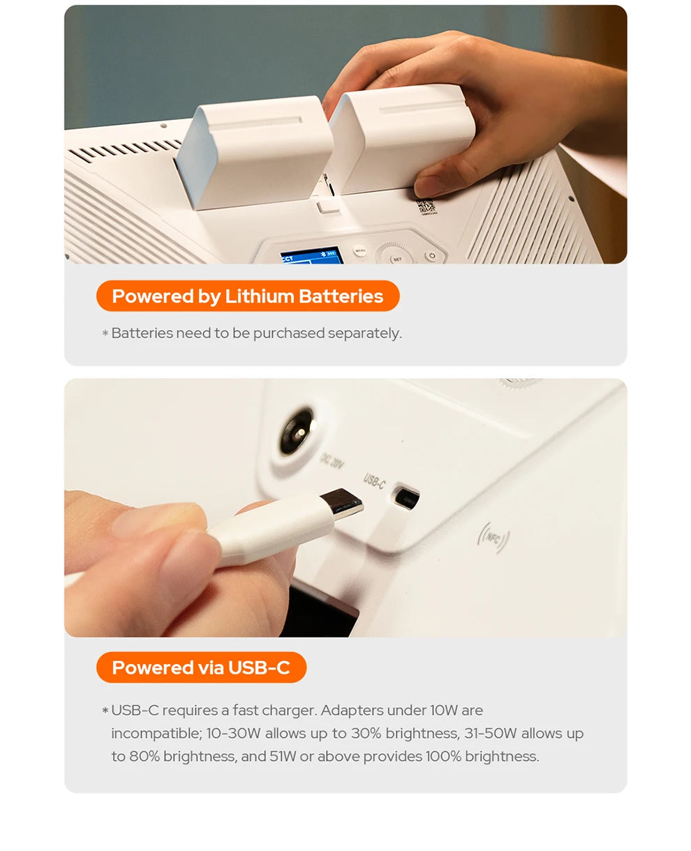 Two white rectangular batteries being inserted into a white device, and a white USB-C cable plugging into a port.