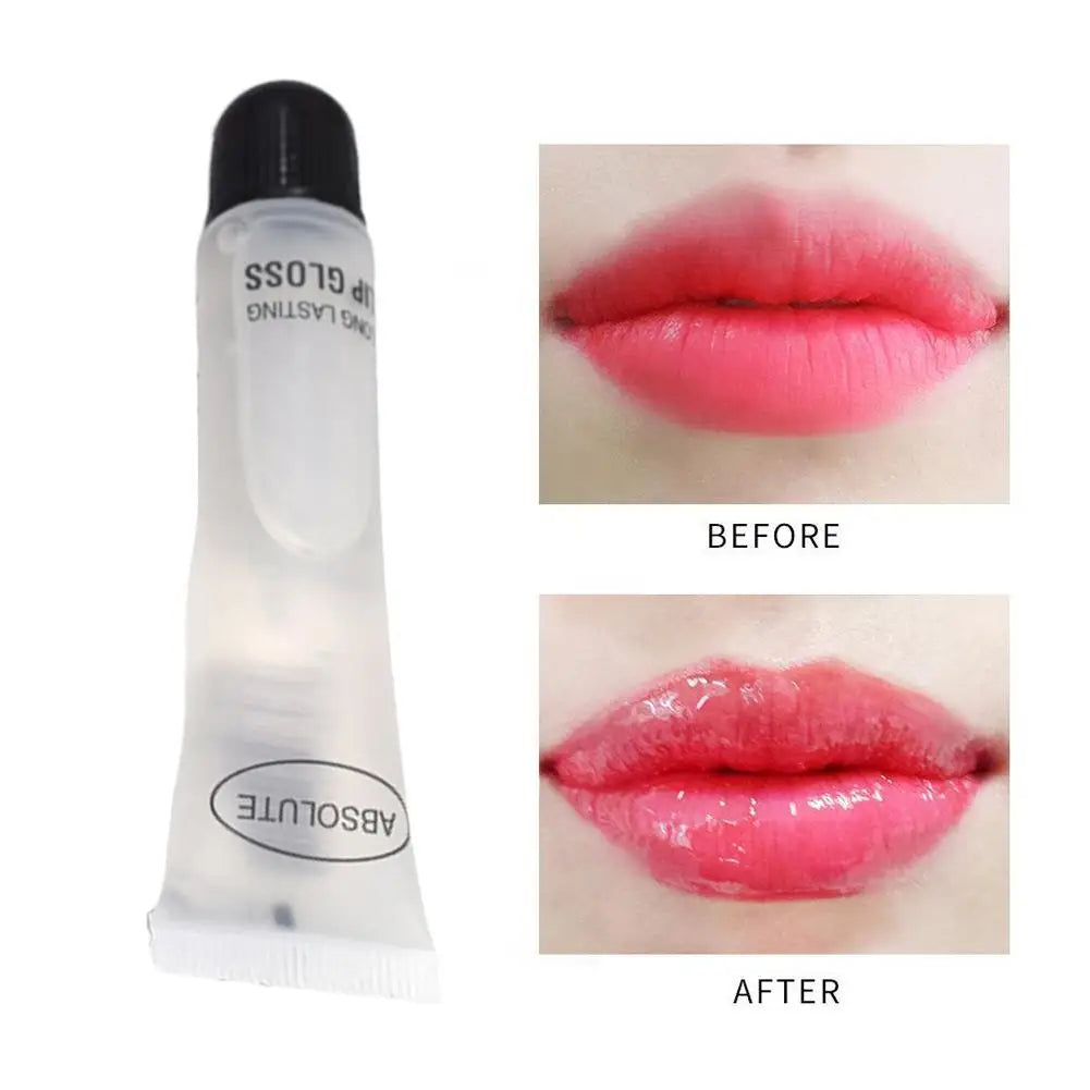 Transparent hydrating lip gloss tube for smoothing, plumping, and long-lasting glossy finish on lips.