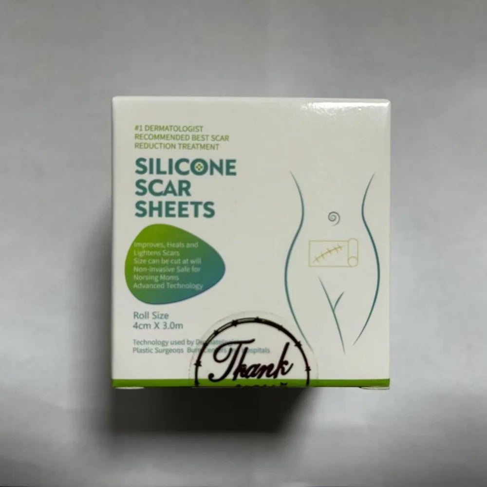 White box of 4cm x 3m silicone scar sheets for stretch mark treatment and skin repair. Reusable adhesive tape roll.
