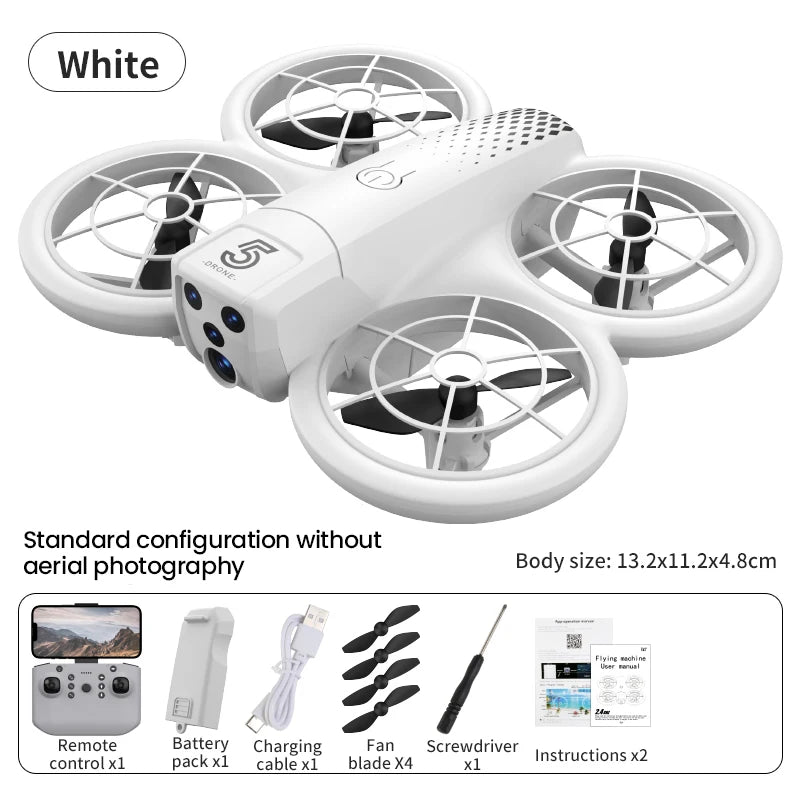 White, compact quadcopter drone with protective ring guards, remote control, battery, and accessories. 13.2x11.2x4.8cm.
