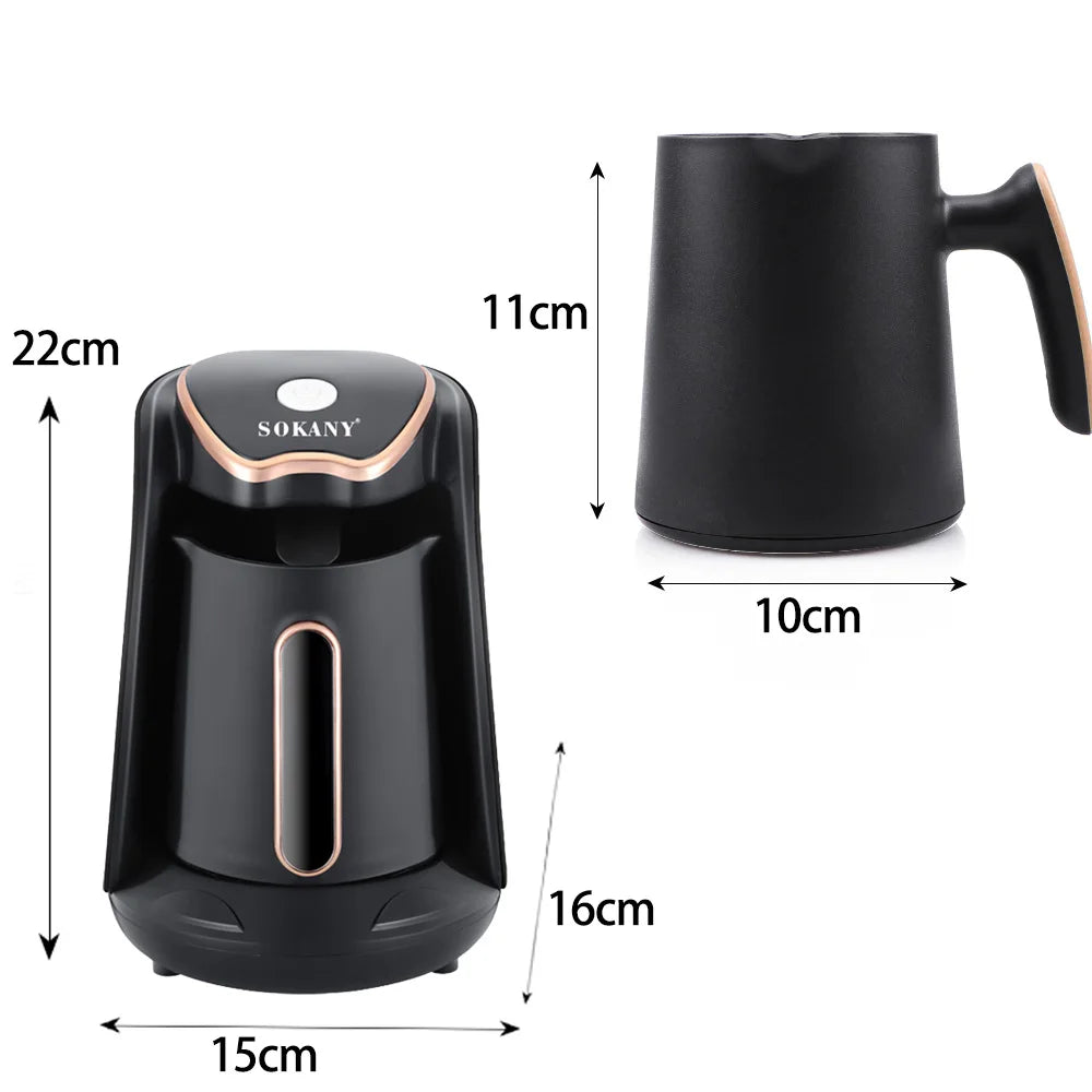 Sokany black and rose gold electric coffee maker with detachable pot, showing dimensions 22cm by 15cm.