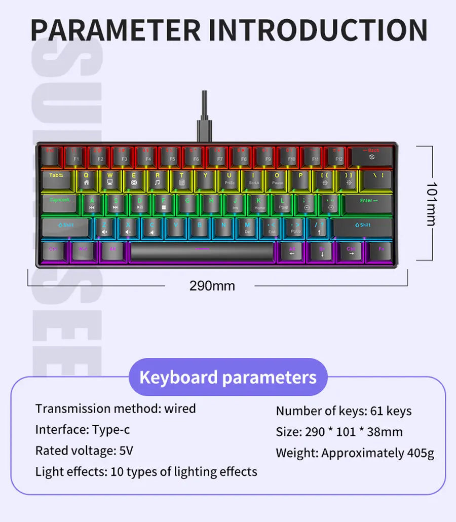 K61 Wired Mechanical Keyboard 10 Kinds of Colorful Lighting Gaming and Office For Microsoft Windows and Apple IOS System