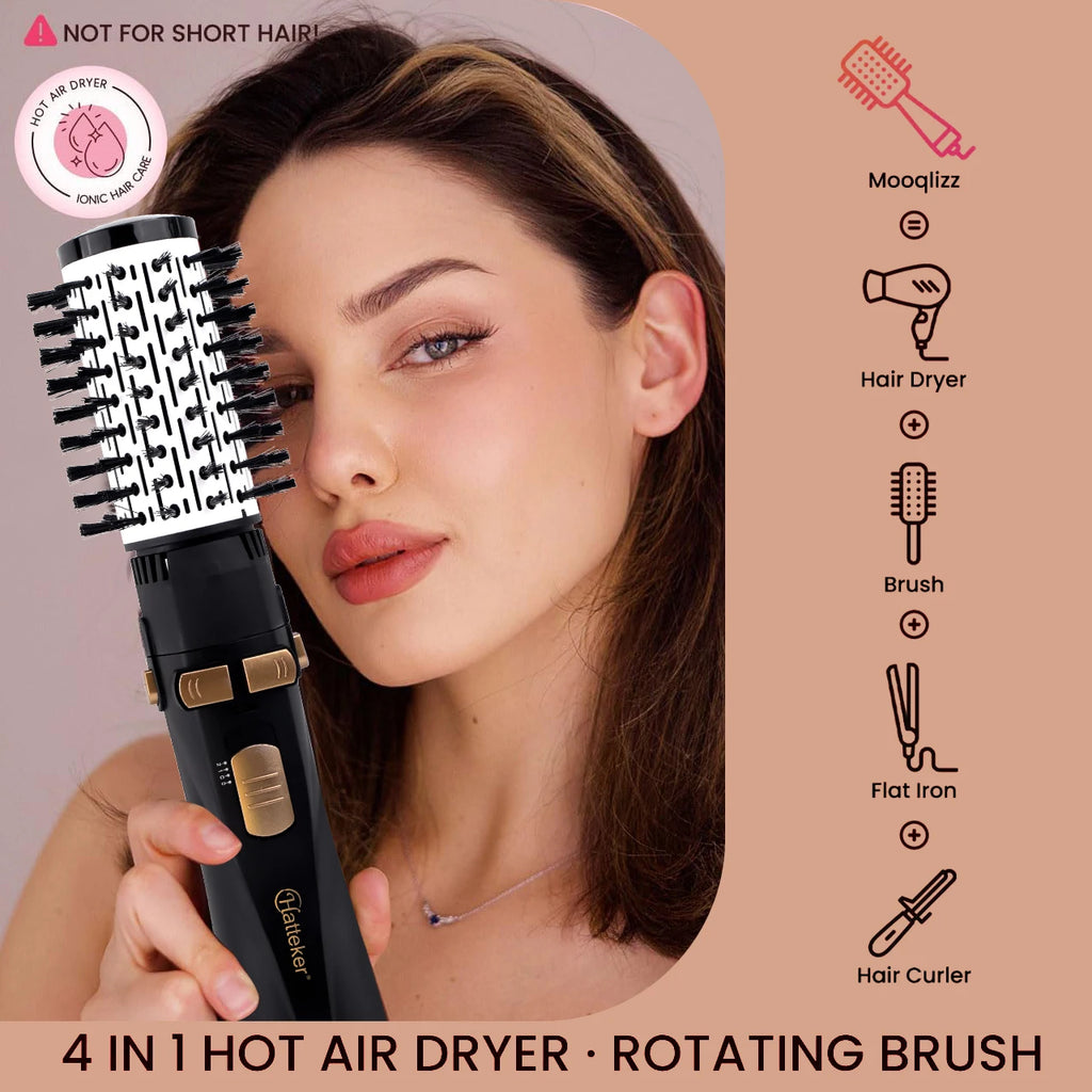 Hatteker 4-in-1 ionic hot air brush, black and gold styling tool with drying, curling, and straightening attachments.