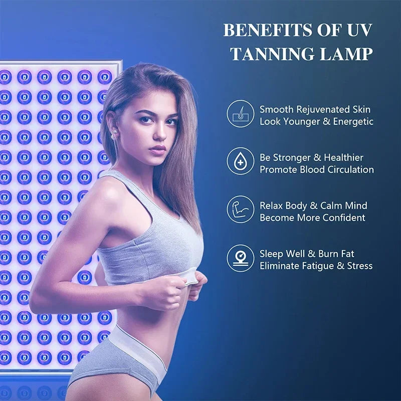 Woman using 225-LED UV tanning lamp for skin rejuvenation and body relaxation with adjustable stand.