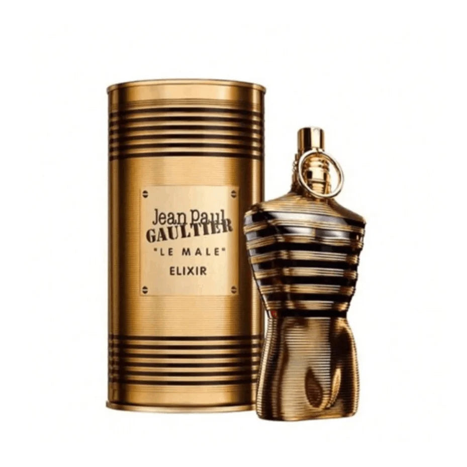 Jean Paul Gaultier Le Male Elixir men’s parfum. Gold torso bottle and metal tin case, luxury woody aromatic fragrance.