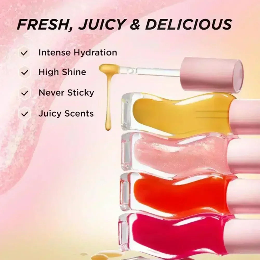 Gisou honey and fruit-scented lip oil collection: four hydrating, high-shine liquid lip glosses in colorful shades.