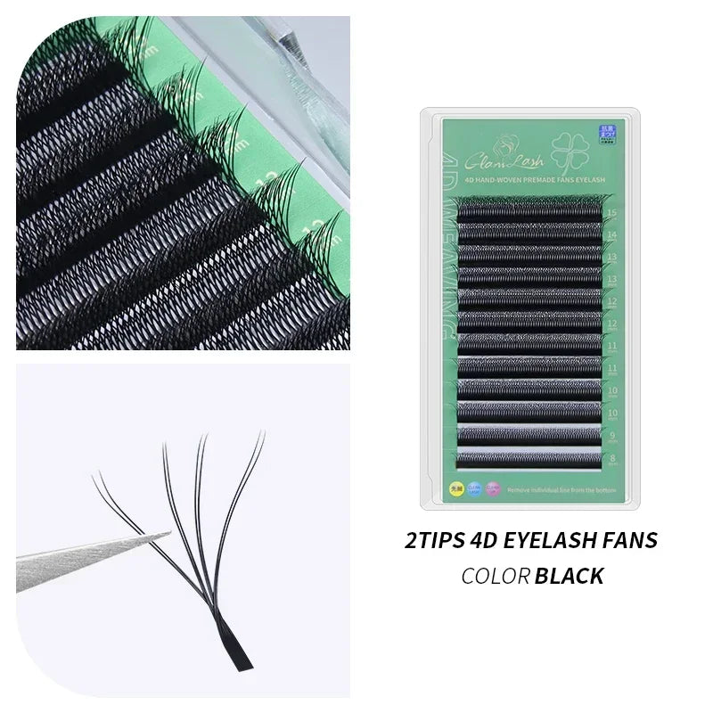 4D premade eyelash extension fans on a green tray, featuring black, synthetic fiber strands for volume application.