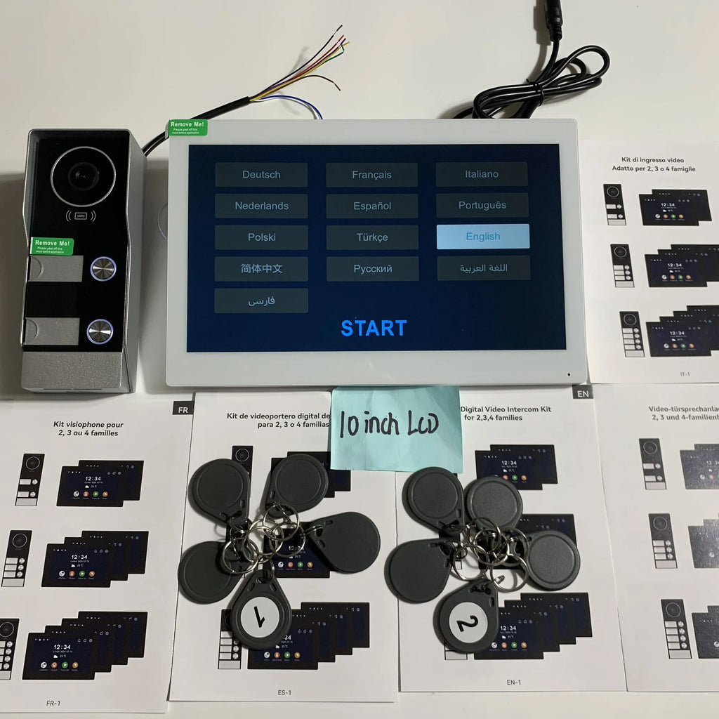 WiFi video door intercom monitor with language menu, door camera and RFID key fobs