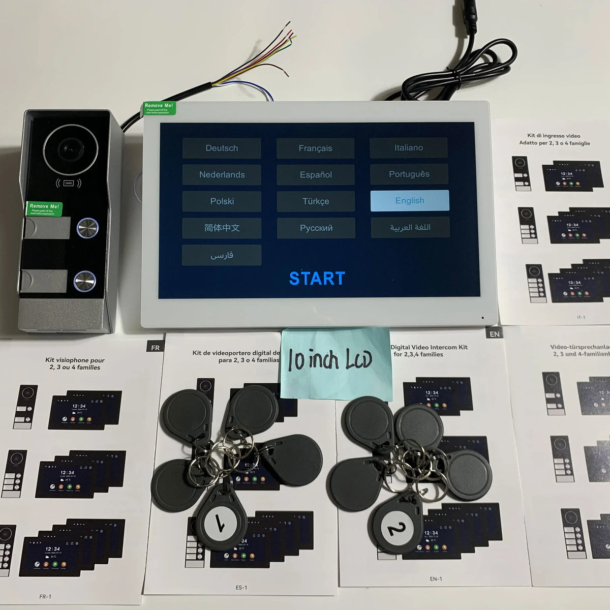 WiFi video door intercom monitor with language menu, door camera and RFID key fobs