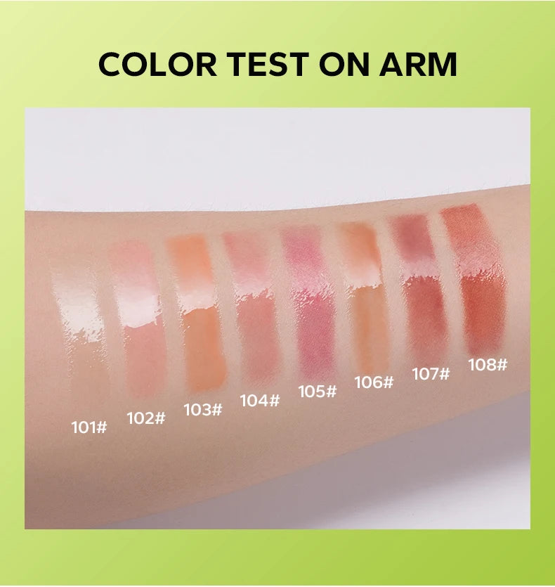 8 colors of moisturizing candy lip gloss swatches showing pearlescent, lustrous mirror-finish nude lip stain on skin.