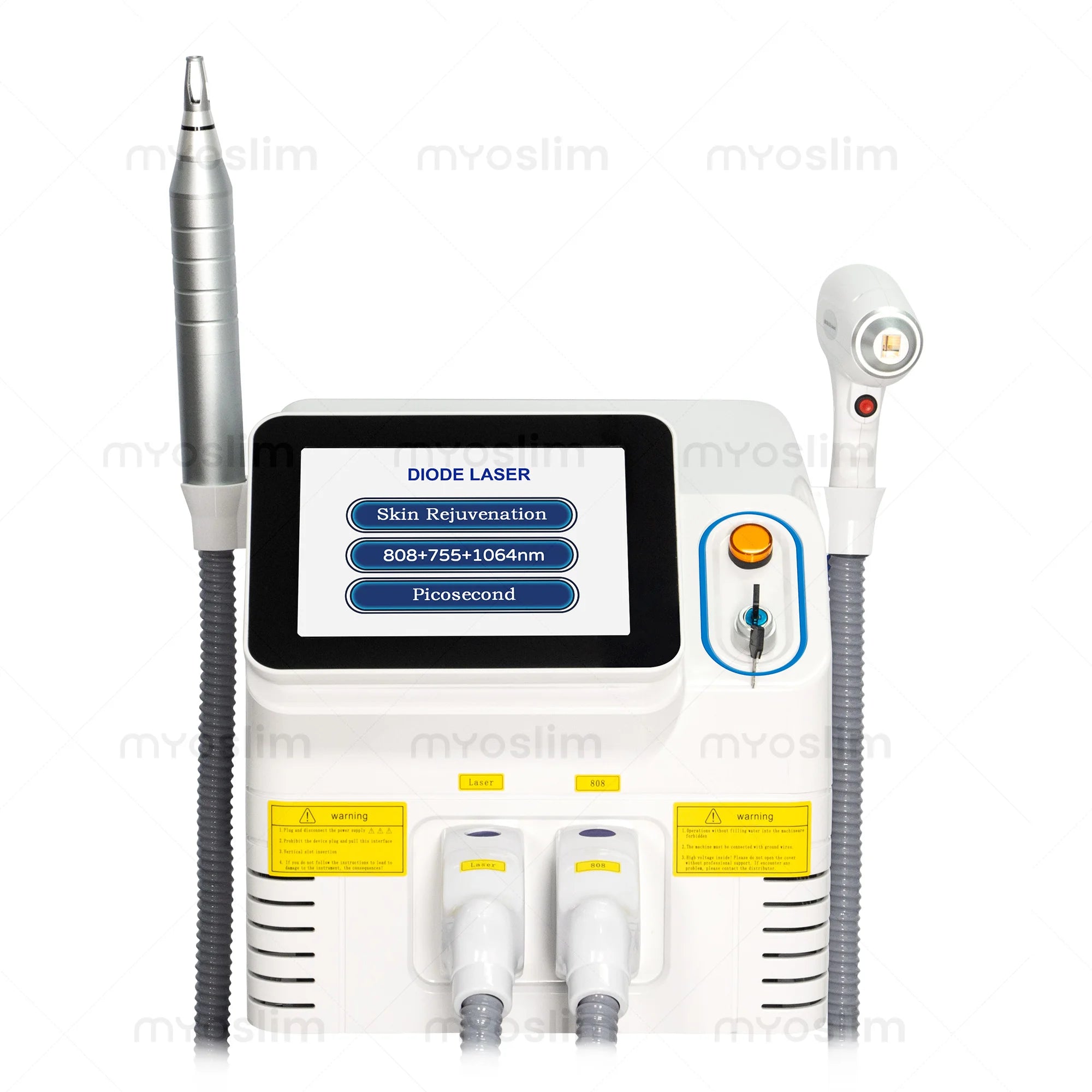 Diode laser machine front panel with screen, dual handpieces, and upright nozzle