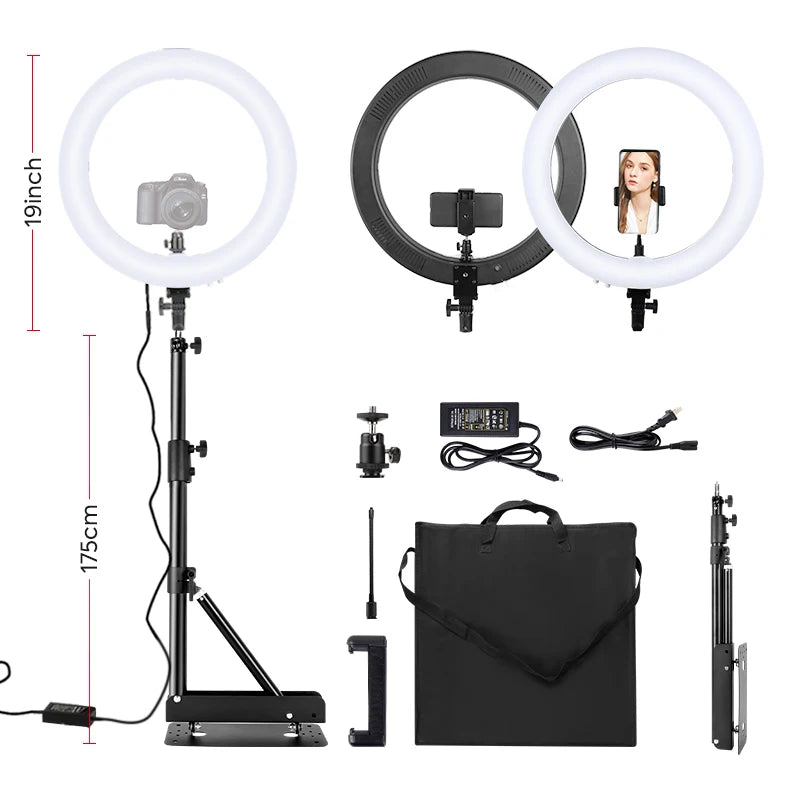 19-inch LED ring light with adjustable stand, phone and camera mounts, power adapter, and carrying case.