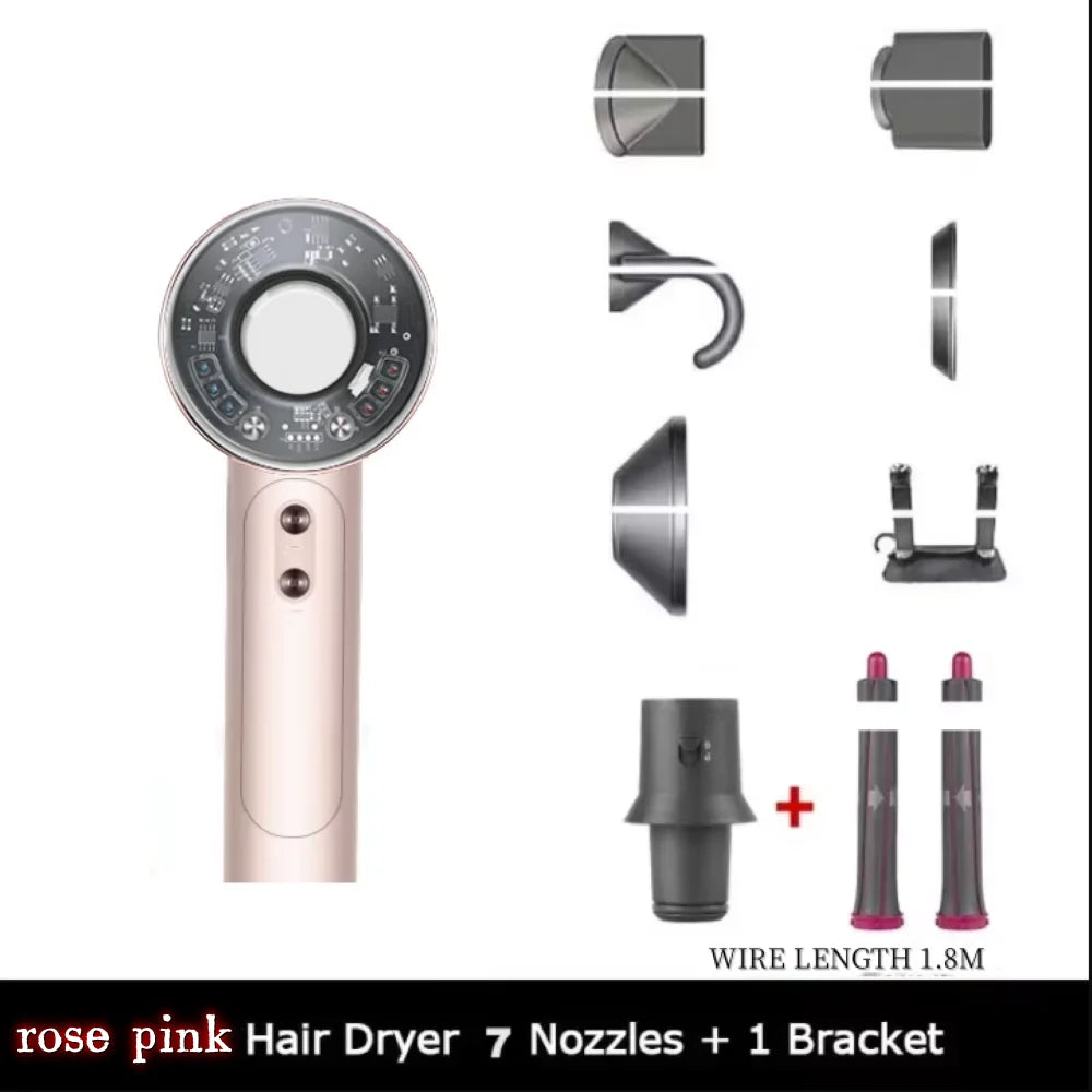 Rose pink high-speed leafless hair dryer with 7 styling attachments and stand for professional home hair care.