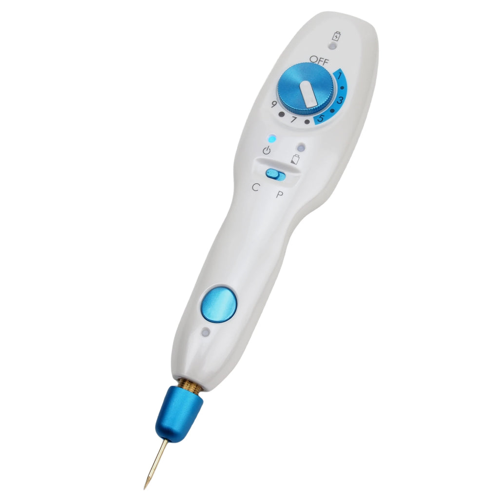 Wireless Plamax cold plasma fibroblast pen for skin tightening, acne, and blemish removal on white background.