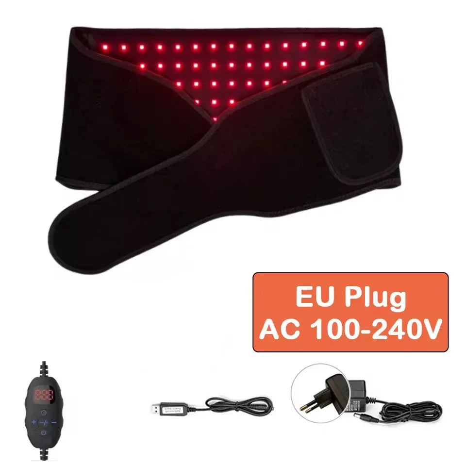 Black infrared red light therapy belt for pain relief with digital timer controller and EU power adapter.