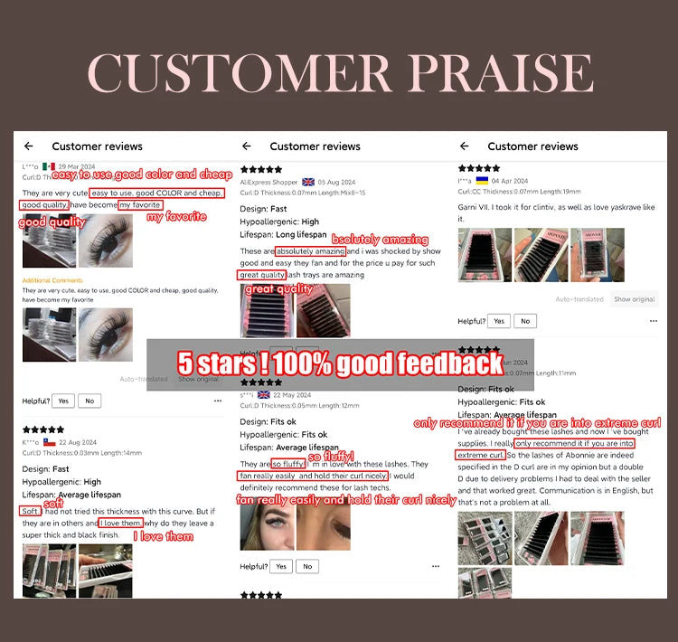 Collage of five-star customer reviews for Abonnie black cashmere easy-fan eyelash extension trays.