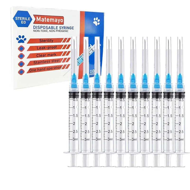 Sterile 3ml Luer Lock syringes with 23Ga stainless needles for safe pet medicine administration, individually sealed.