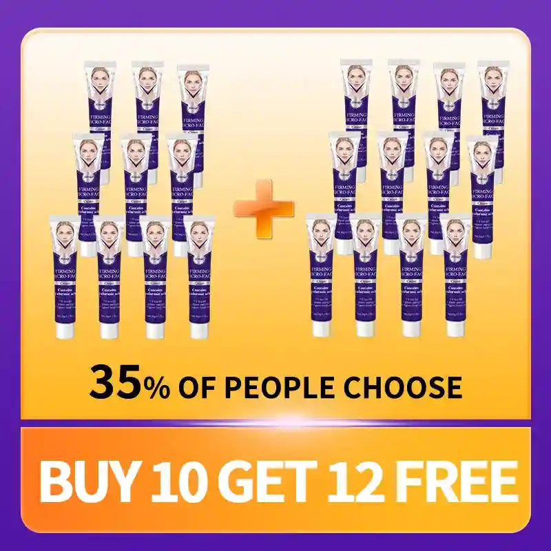 A promotional graphic showing 22 tubes of V-line firming face cream in purple and white packaging with a plus sign.