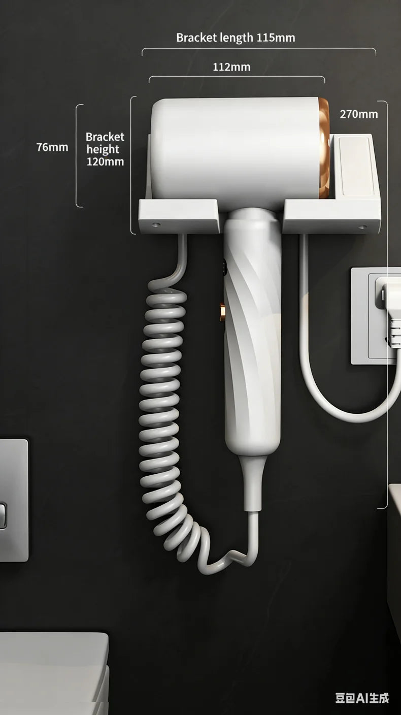 White 1800W wall-mounted hair dryer with coiled cord, LED display, and space-saving bathroom bracket mount.