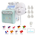 7-in-1 water dermabrasion facial machine with LED mask, touchscreen, and serum bottles for deep skin cleansing spa care.