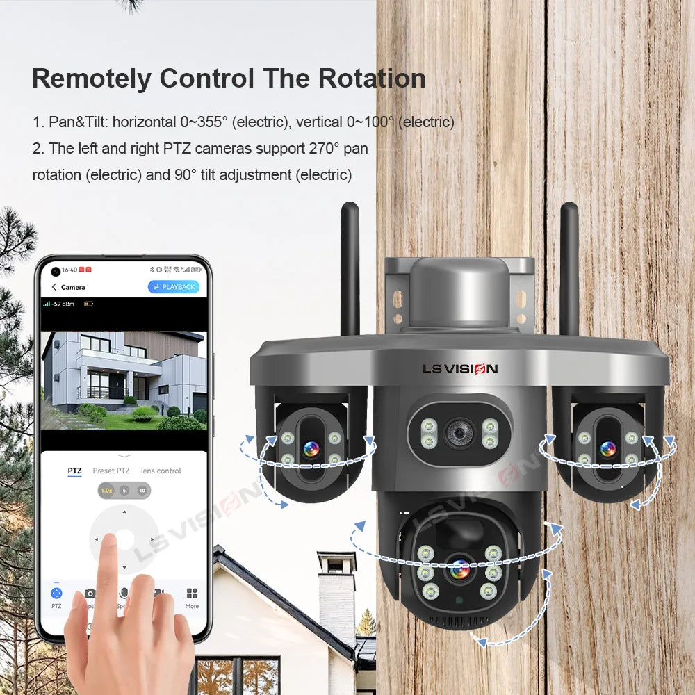 LS VISION 15MP 4G Wifi Solar Camera 3-Screen 10X Zoom PTZ 360°Rotatable PIR Human Detect CCTV Security Video IP Camara V380 Pro