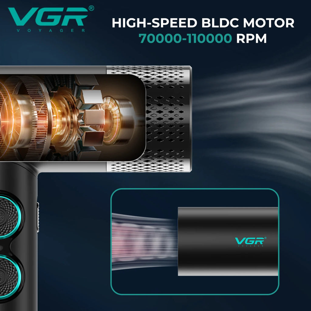 VGR V-401 professional hair dryer with high-speed 110,000 RPM brushless motor, black design, and advanced airflow.