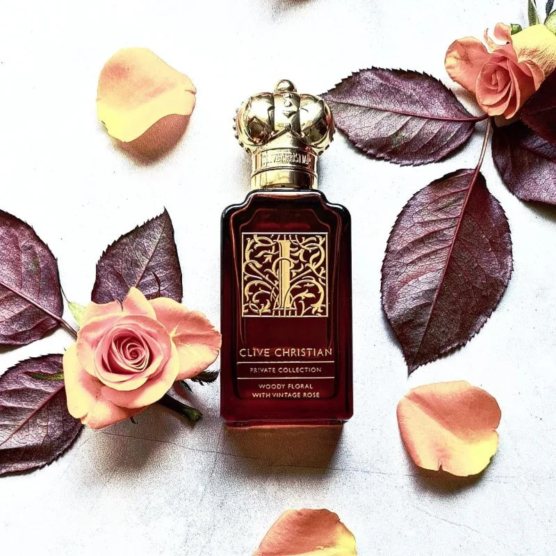 Clive Christian Amberwood 50ml perfume for women: crown-capped red bottle with jasmine, rose, sandalwood, amber & musk.