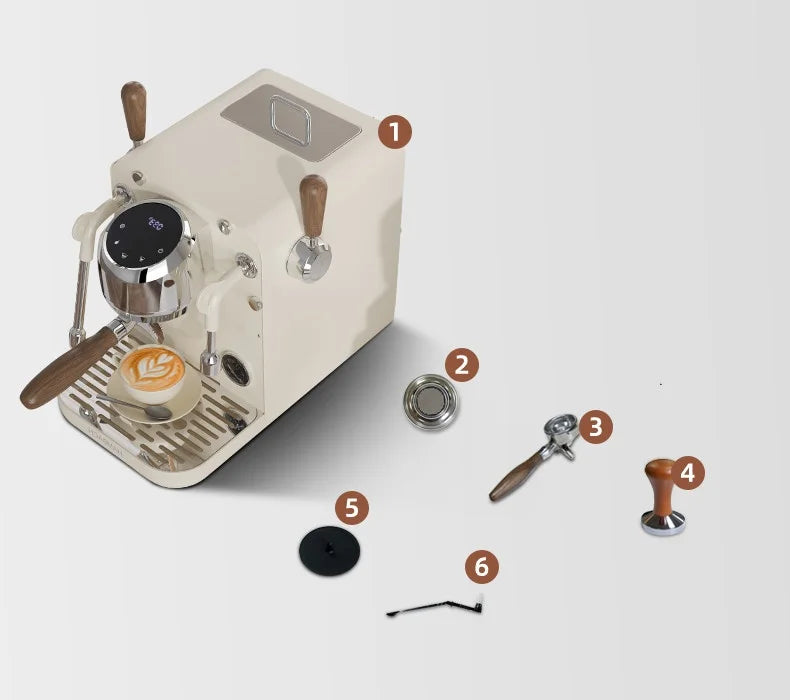 Cream colored espresso machine with wood accents, chrome details, portafilter, tamper, and accessories.
