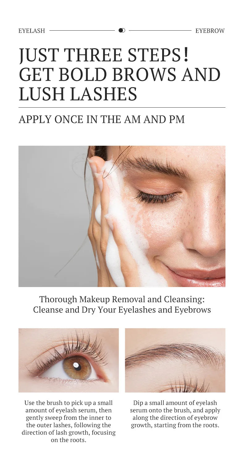 2-in-1 eyebrow and eyelash growth serum application guide showing cleansing, lash, and brow application steps.