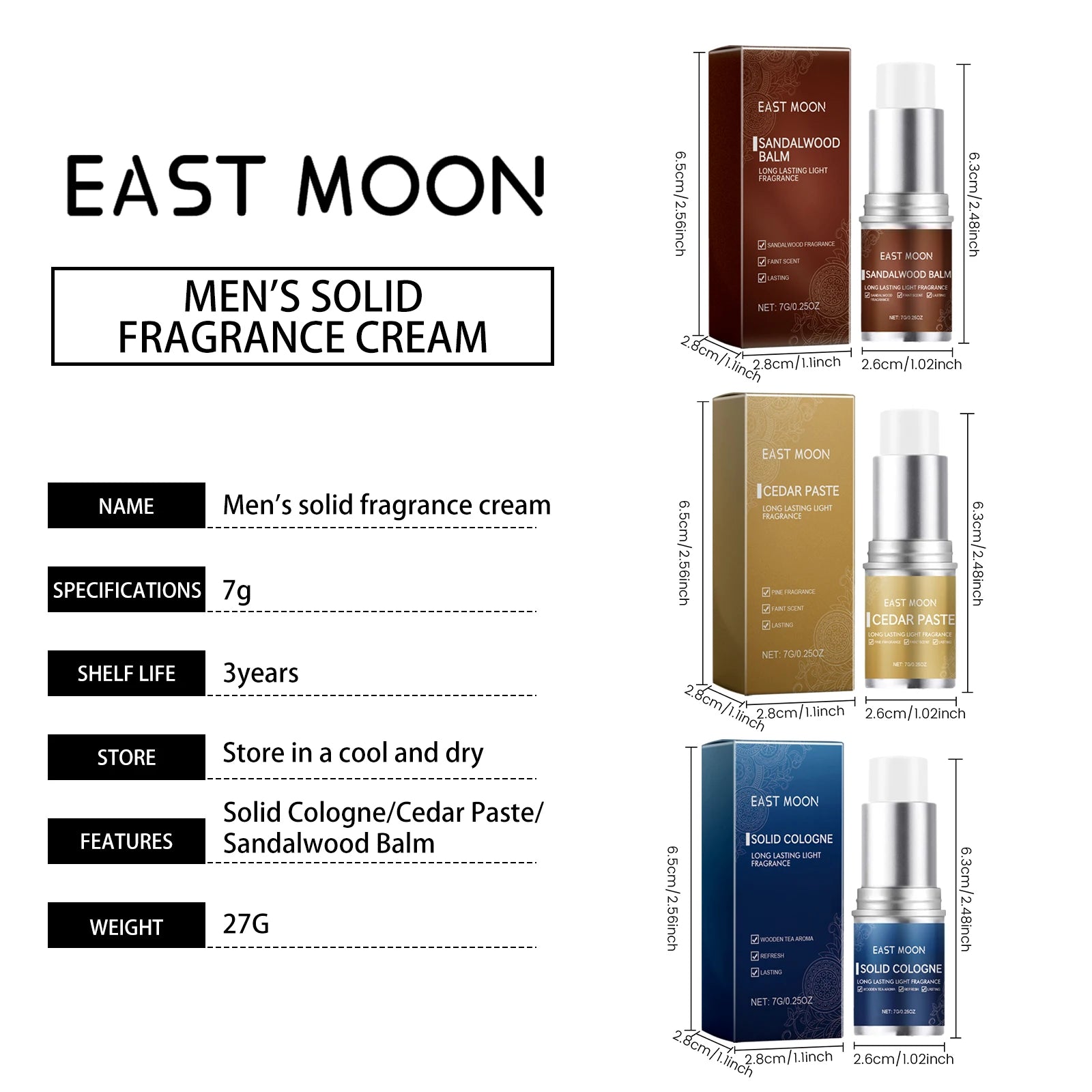 East Moon Men’s Solid Cologne balm set: portable woody sandalwood and cedar fragrance sticks for long-lasting freshness.