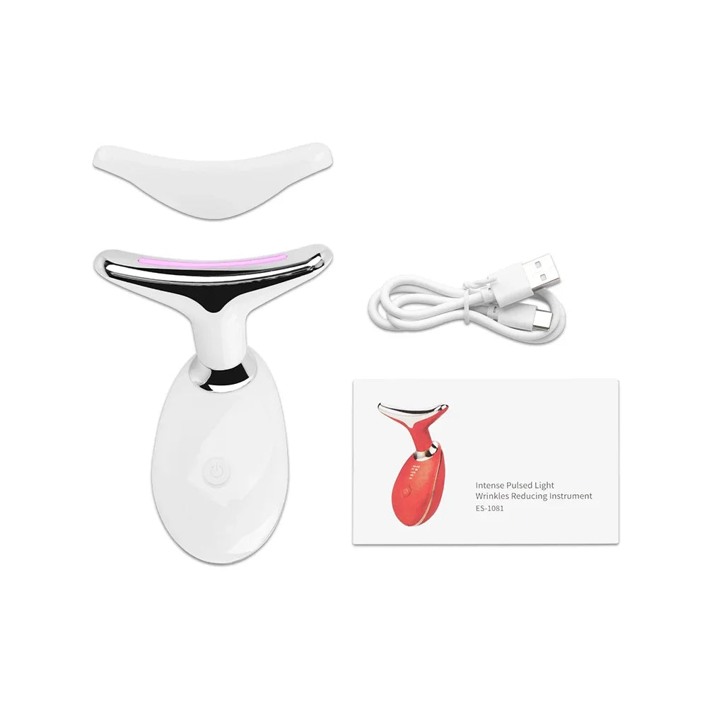 White and silver LED neck massager, white silicone cover, USB charging cable, and instructional manual.