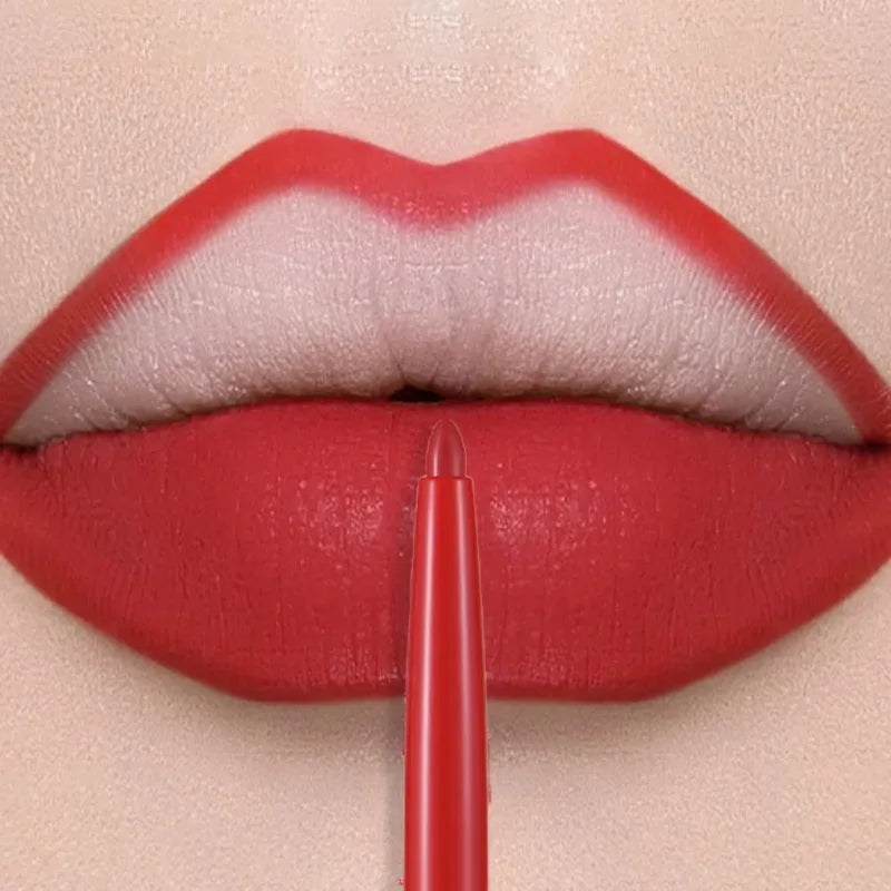 Red matte lip liner pen applying velvet-smooth, waterproof color to lips for a defined, long-lasting finish.