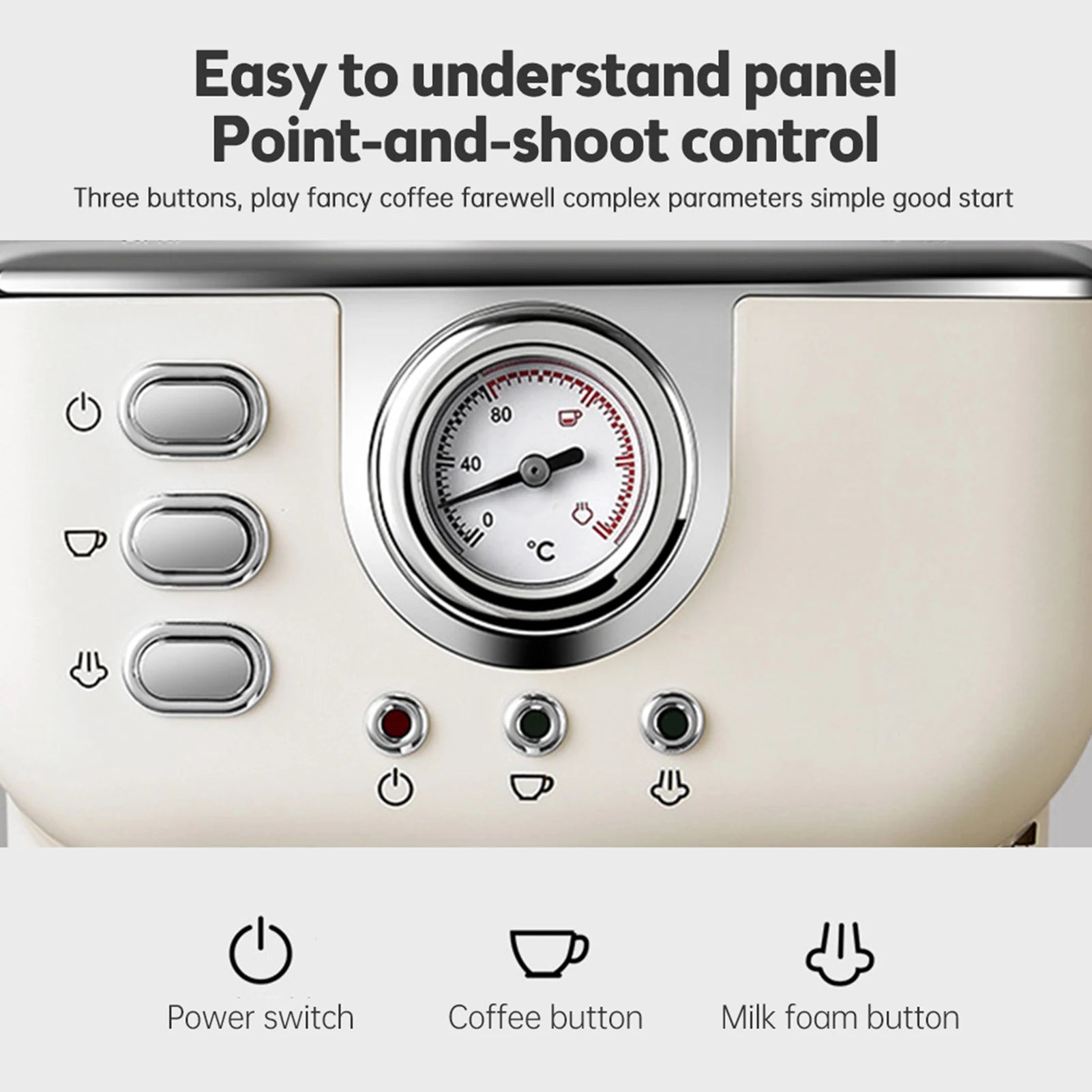 Cream-colored vintage style espresso machine control panel with analog temperature gauge and three button interface.