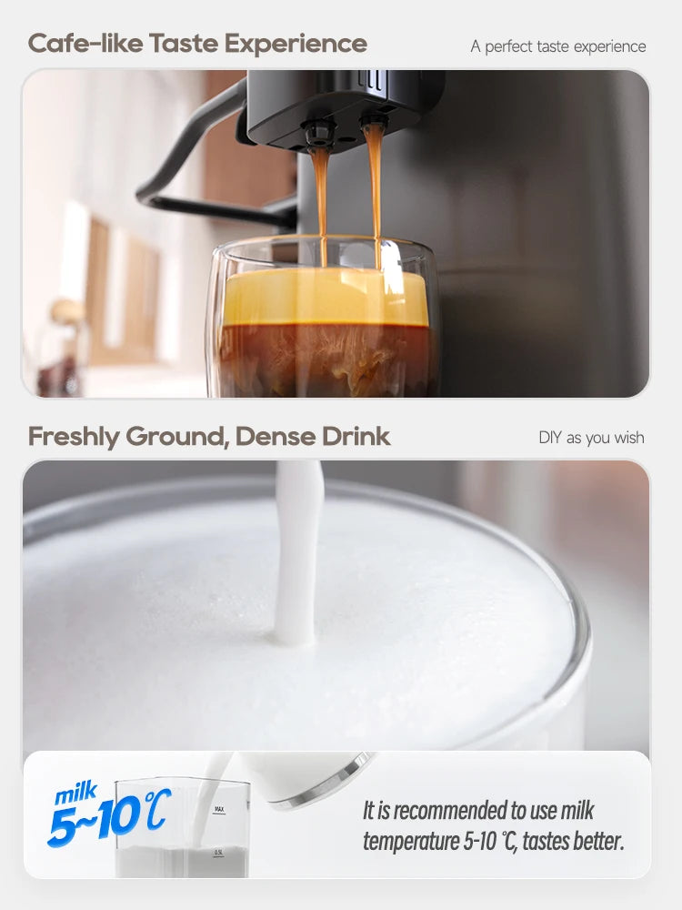 Black espresso coffee machine pouring coffee and frothed milk into glass cups for cafe-quality drinks at home.
