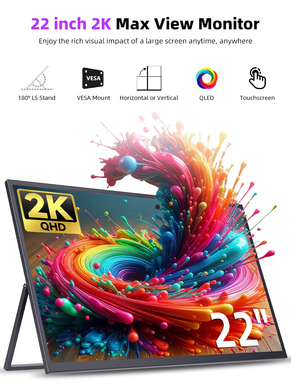 UPERFECT QLED Computer Display 22" Monitor 2K 1440P 100% Adobe RGB 10Point Touch Screen With Stand For Laptop PC Mac Phone Game