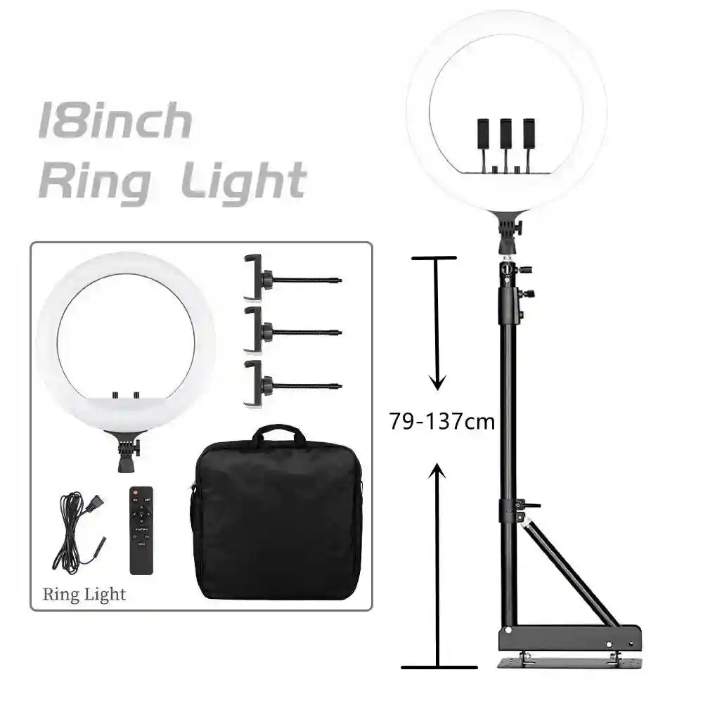 18-inch ring light with adjustable black stand, three phone mounts, remote control, power cord, and carrying case.