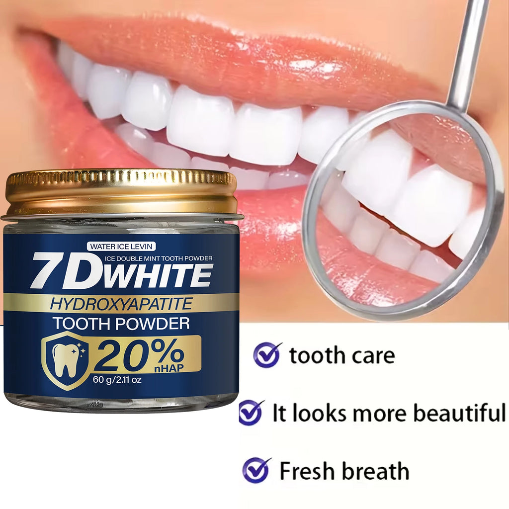 Tidesmit 7D White Hydroxyapatite Tooth Powder with charcoal and mint for deep cleaning and enamel remineralization.