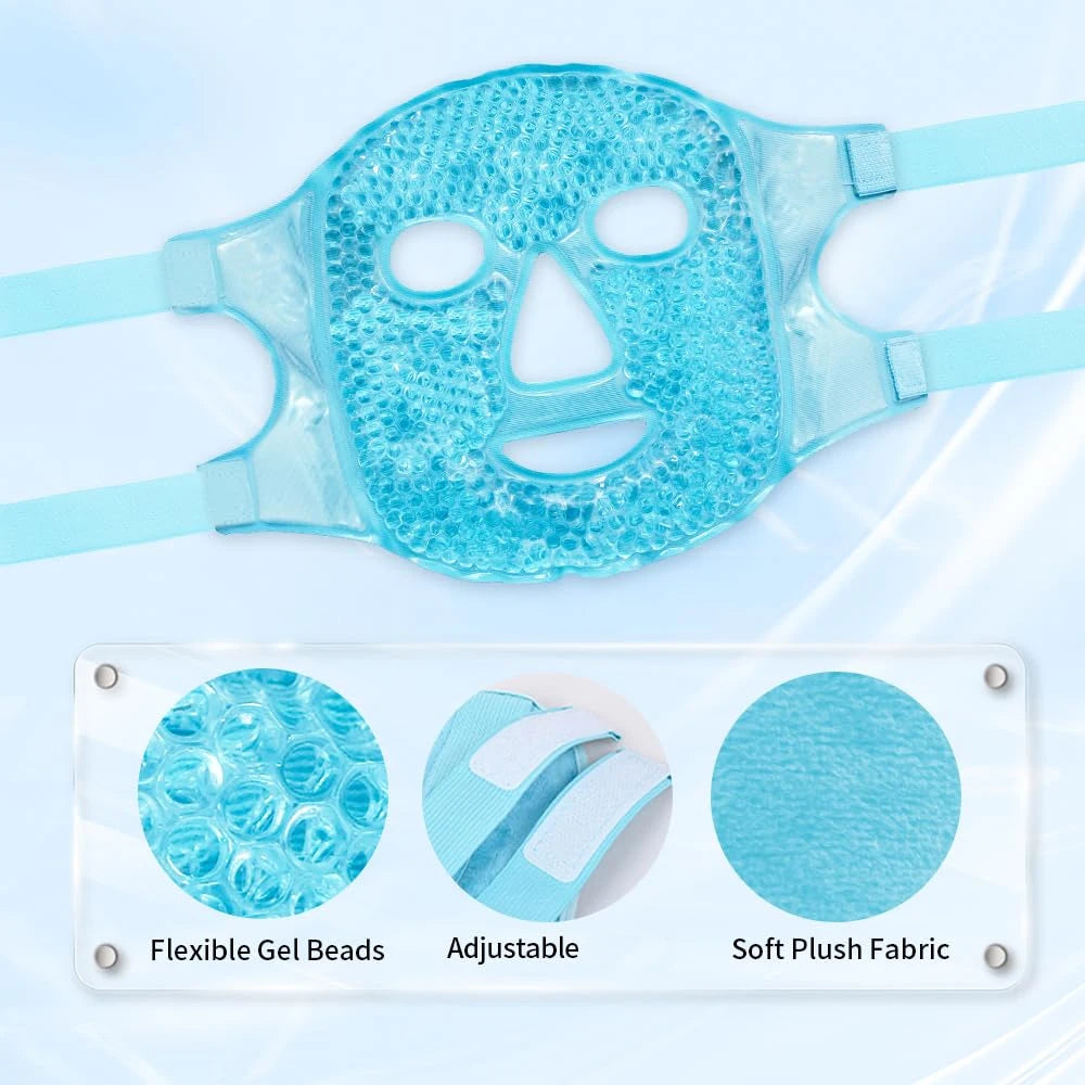 Light blue gel bead face mask with adjustable straps, highlighting gel beads, velcro closure, and soft plush backing.