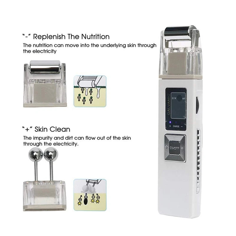 White wireless galvanic facial device with two interchangeable heads: a metal roller and a dual-ball massage attachment.
