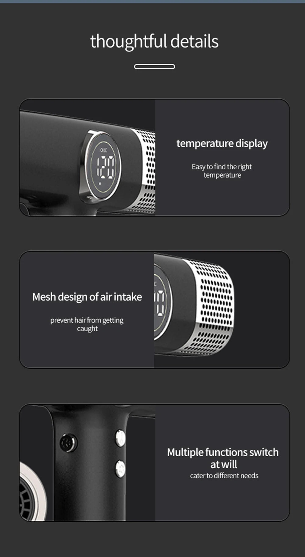 Black professional 1800W hair dryer with digital temperature display, anti-tangle mesh intake, and multi-function switch.