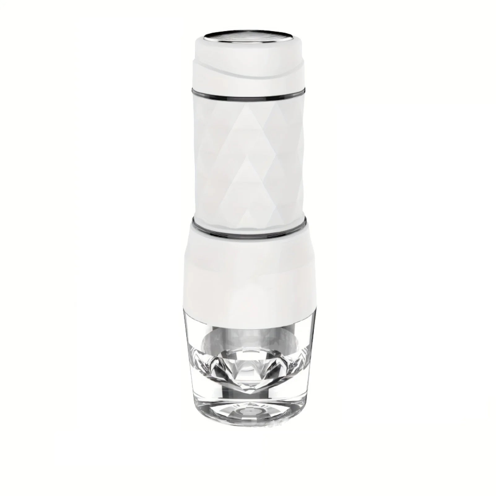 Portable white geometric coffee maker with a transparent base on a white background.