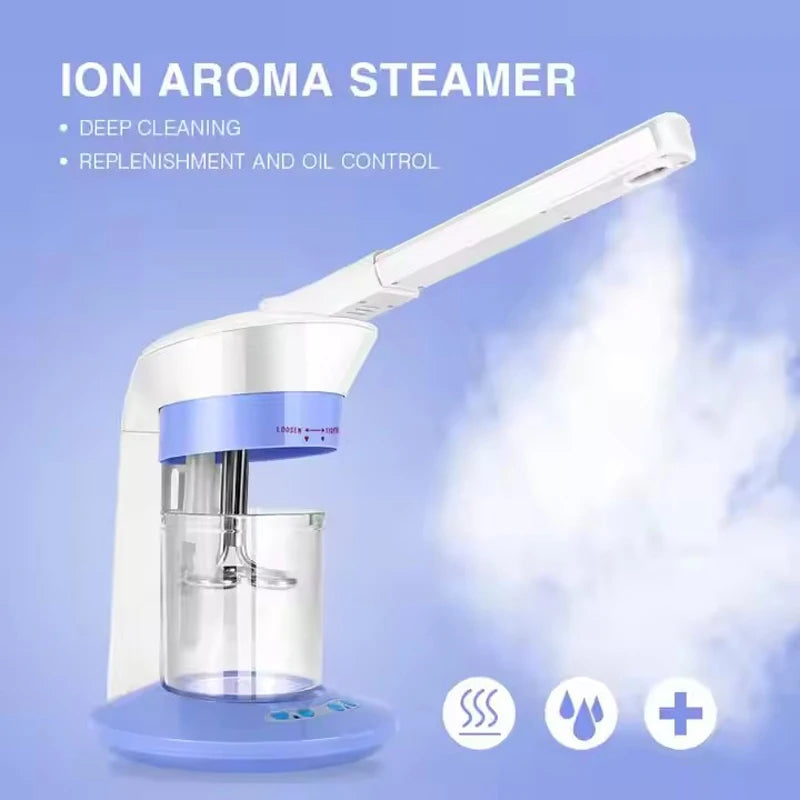 Professional white and blue nano ionic facial steamer for deep cleaning and skin hydration with mist nozzle.