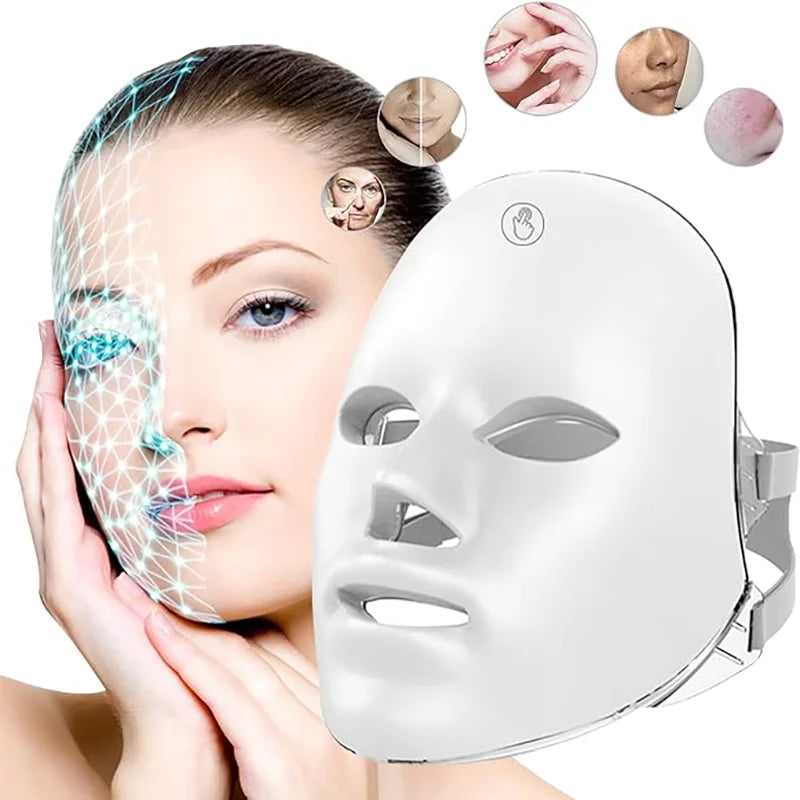 Smooth, white, contoured LED facial mask device with eye, nose, and mouth openings, next to a model with a digital grid.