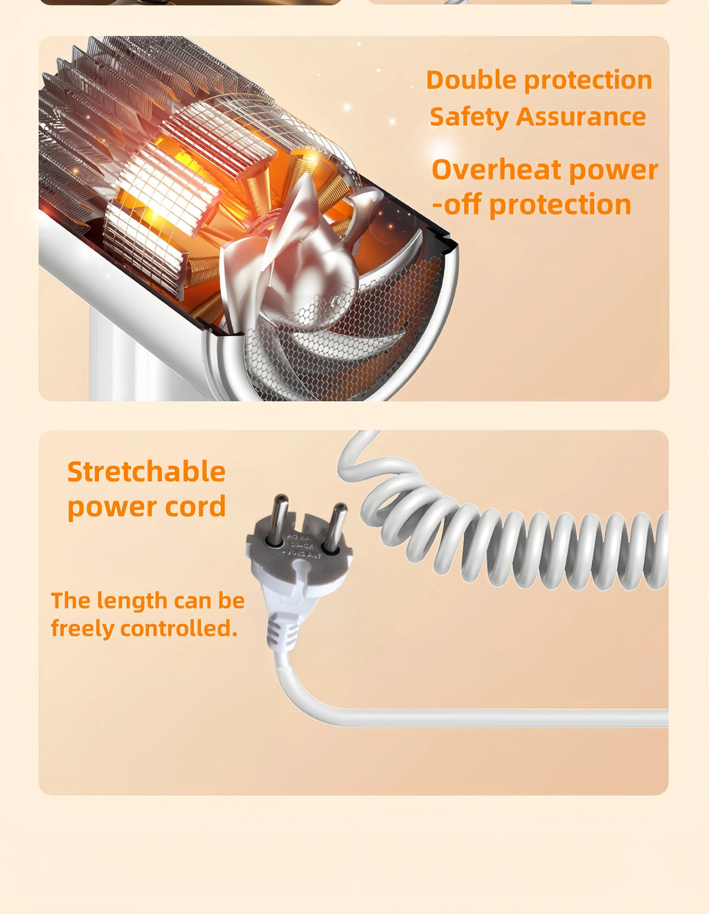 1800W Gmdq wall-mounted hair dryer with overheat protection, internal fan motor, and stretchable European plug cord.