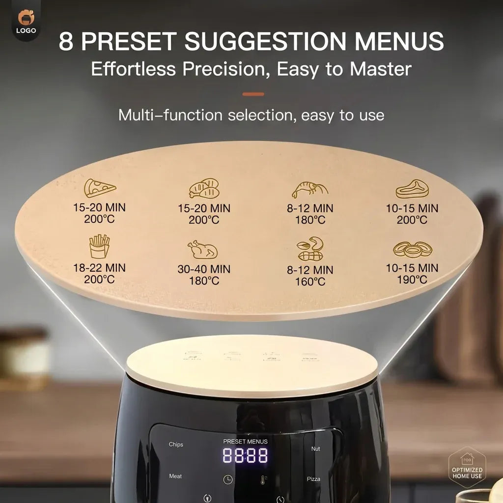 Black air fryer top control panel with preset menu icons on the lid