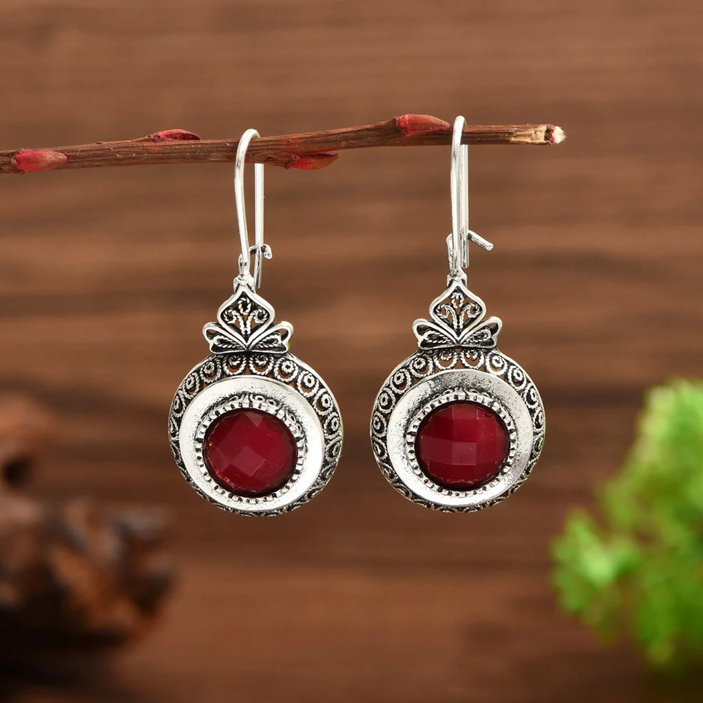 Retro Round Inlaid Redstone Earrings With Geometric Creativity Silver women's Jewelry Pendant Earrings
