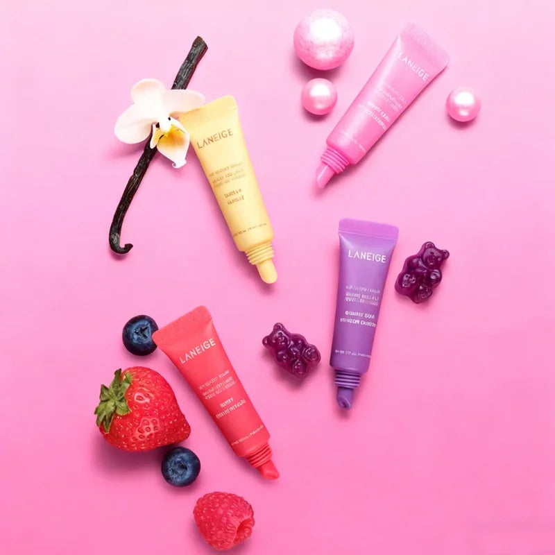 Laneige Glaze Tinted Polypeptide Serum Balm tubes in colorful shades for moisturizing, glossy lip makeup care.